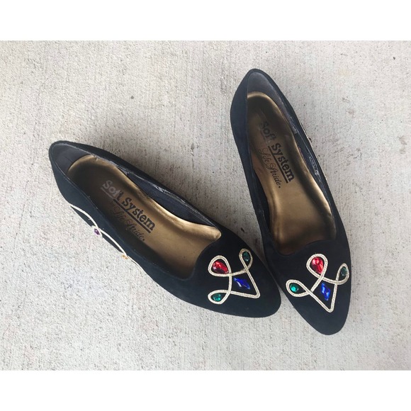 vintage 80s COLORFUL JEWELS black suede pointy FLATS unique avant garde rainbow - Picture 6 of 10